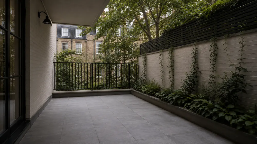 Wide scene: a bright north-facing doorstep, soft daylight, no direct sun