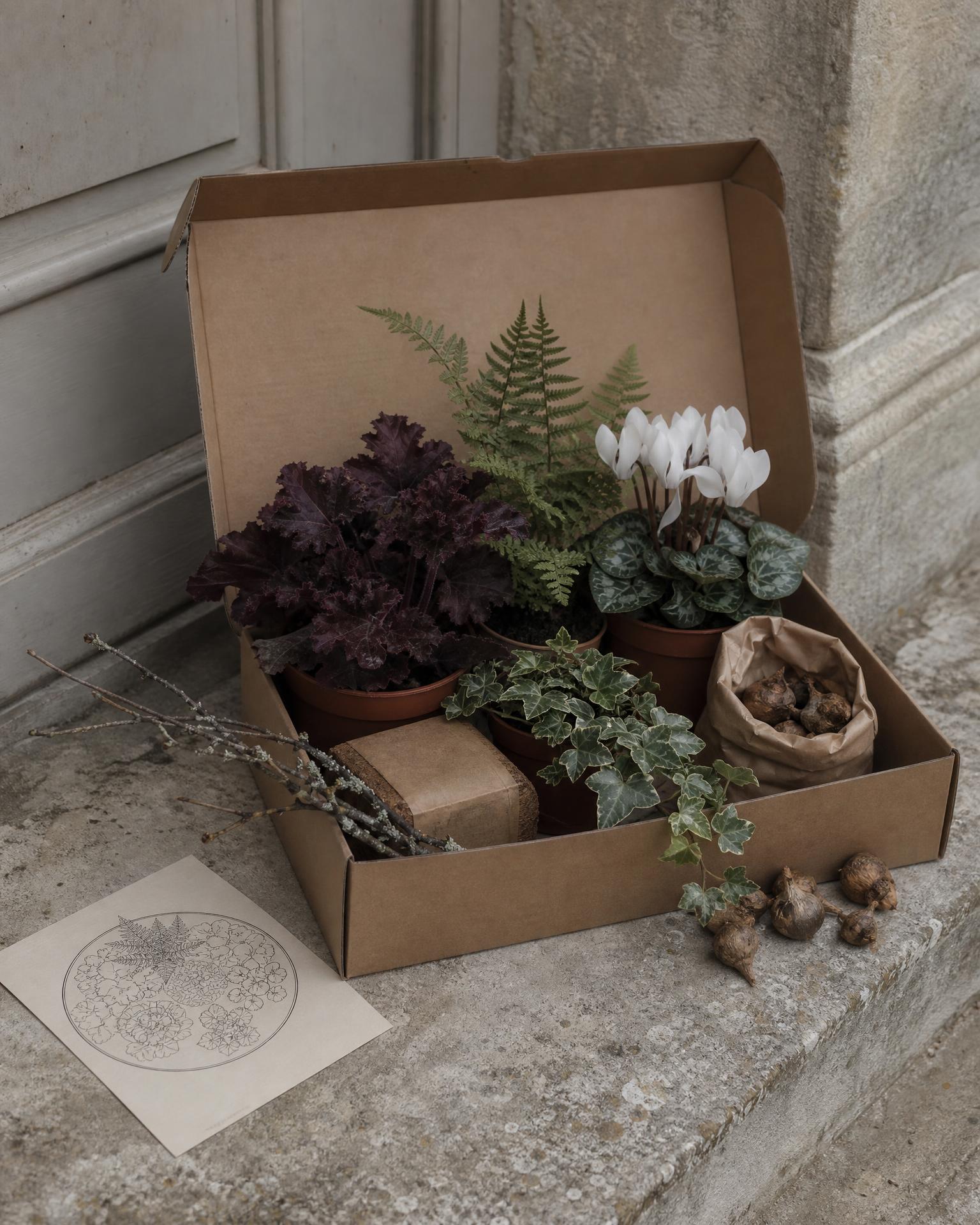 An open kraft cardboard box on a weathered limestone doorstep, with plants in terracotta pots, a paper bag of bulbs, coir, bare twigs and a printed planting plan card.